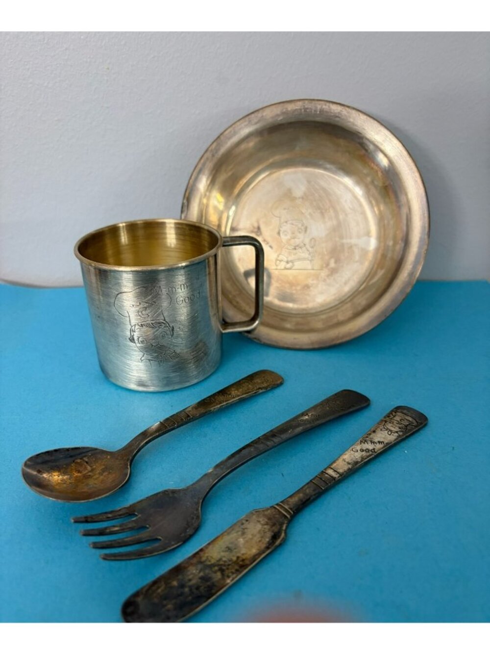 Vintage Campbell's Soup 3 Pc Child's Stainless Silverware Set W CUP Bowl rare!